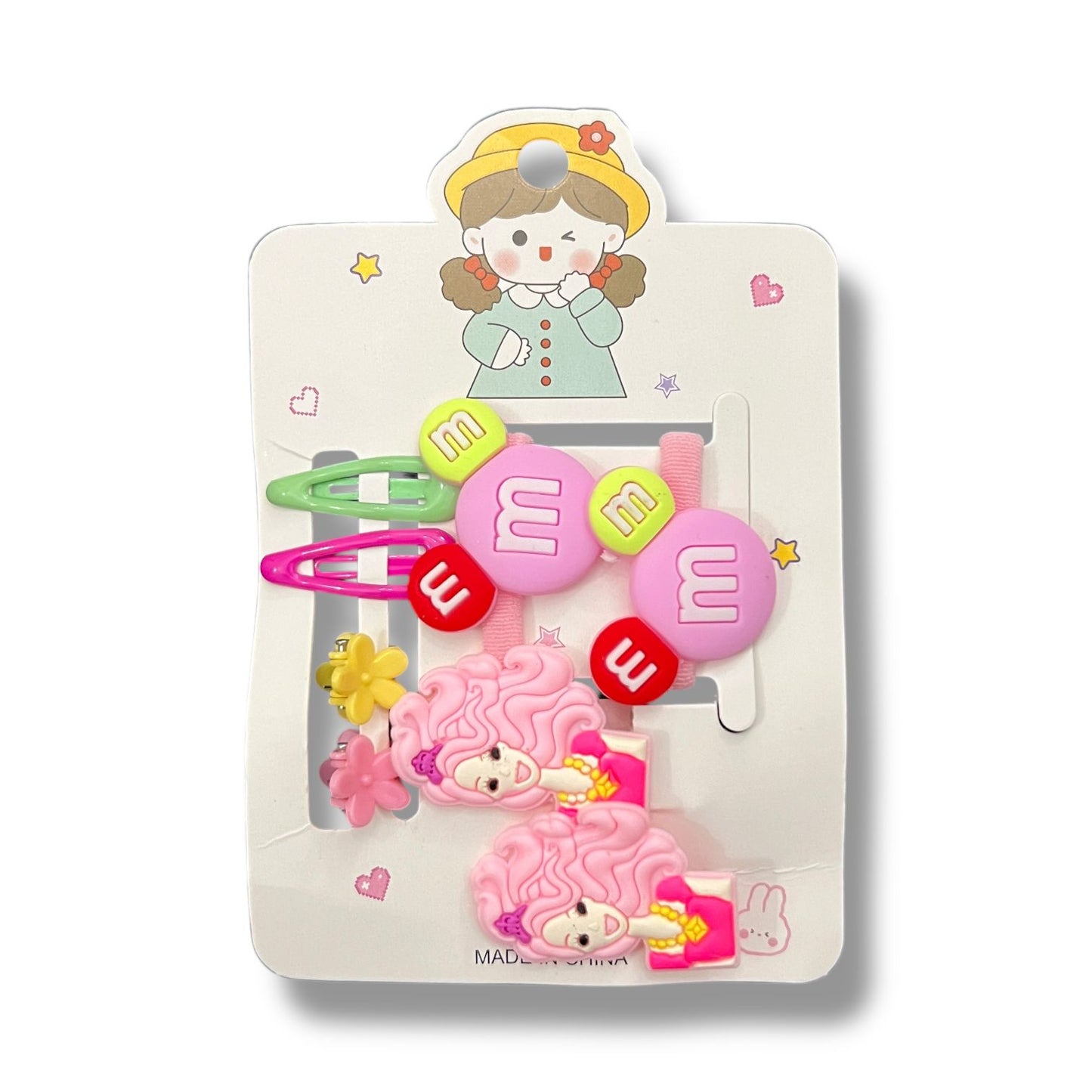 Cartoon Hair Accessories Set for Girls – M&M Style Clips & Bands