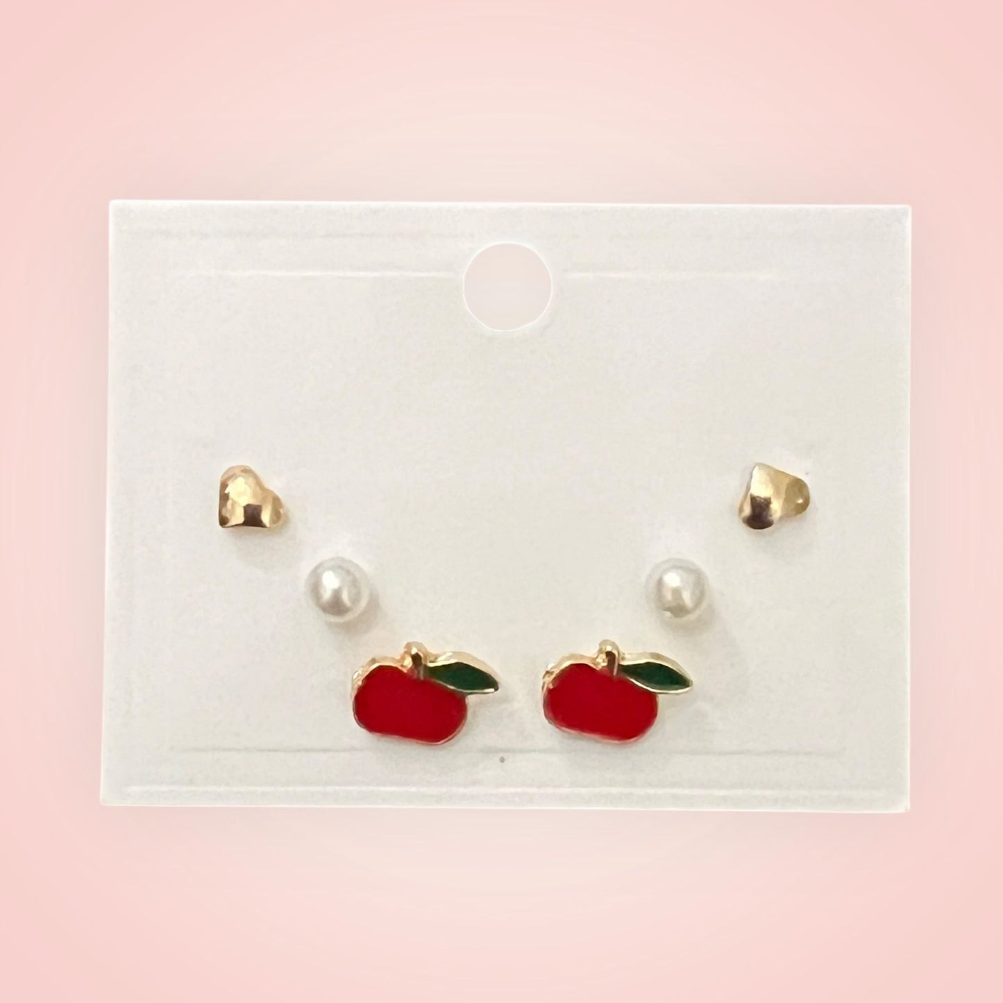 Cute Apple, Heart & Pearl Stud Earrings Set
