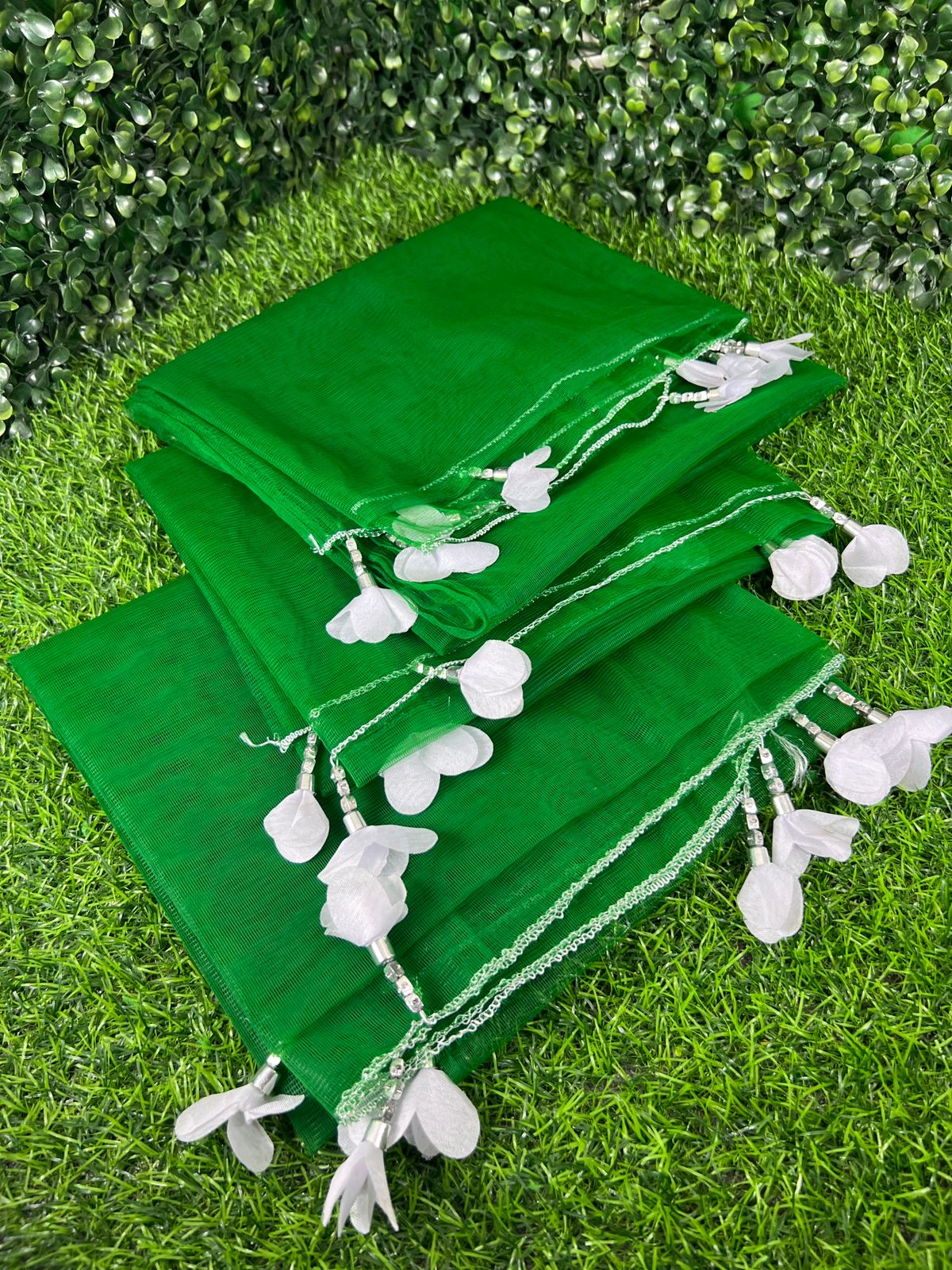 3 pieces | 14 august kids, girls and ladies net dupatta stroller green dupatta white tassels