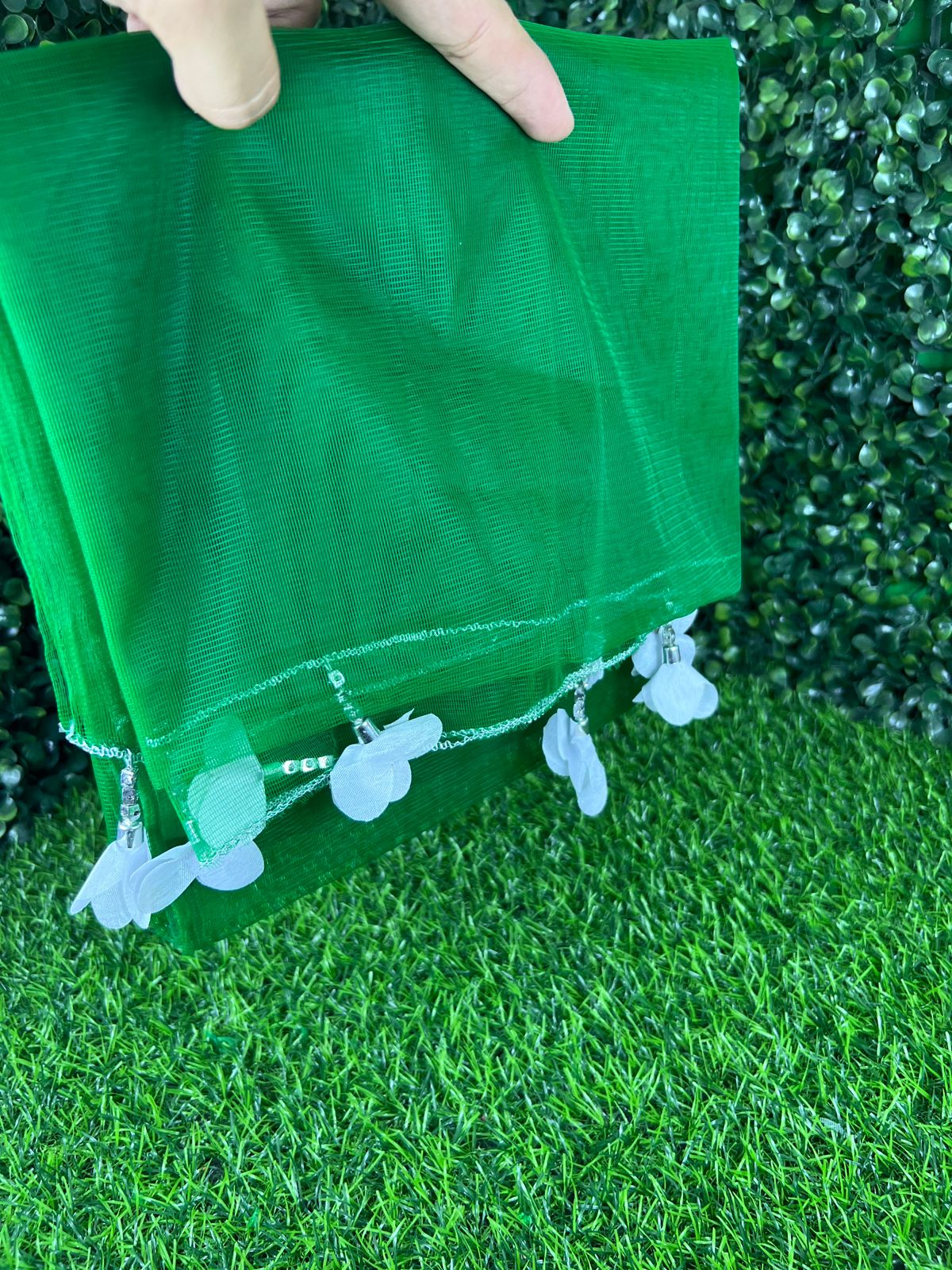 3 pieces | 14 august kids, girls and ladies net dupatta stroller green dupatta white tassels