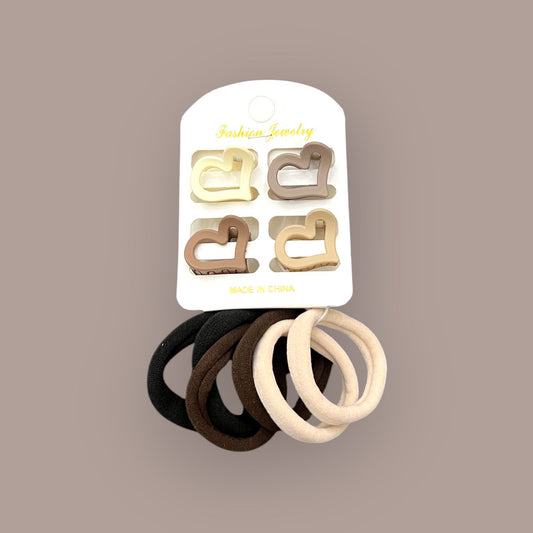 Matte Heart Hair Claws & Soft Ponytail Bands Set