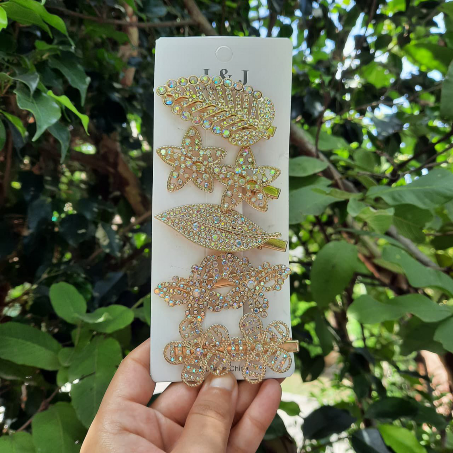 Golden Rhinestone Hair Clips Set of 5 Clips – Butterfly, Flower & Star Designs