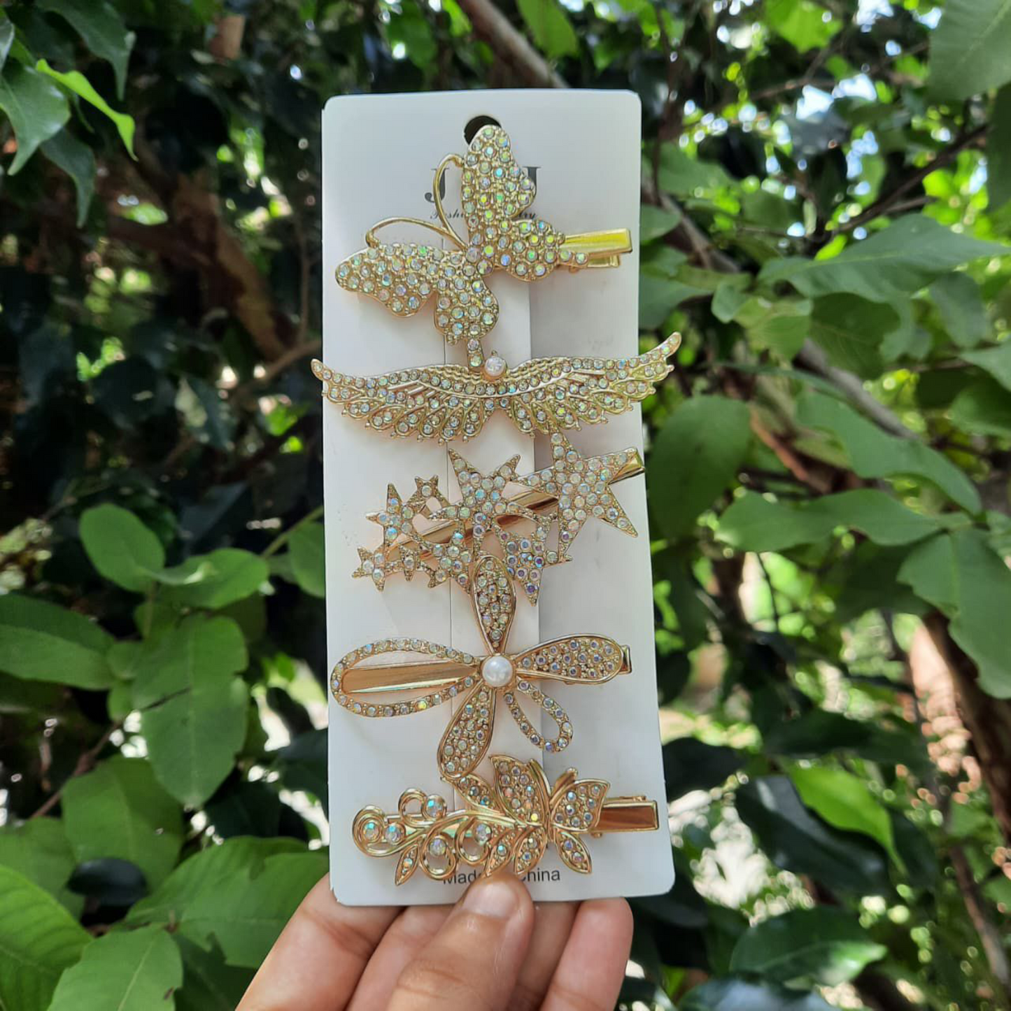 Golden Rhinestone Hair Clips Set of 5 Clips – Butterfly, Flower & Star Designs