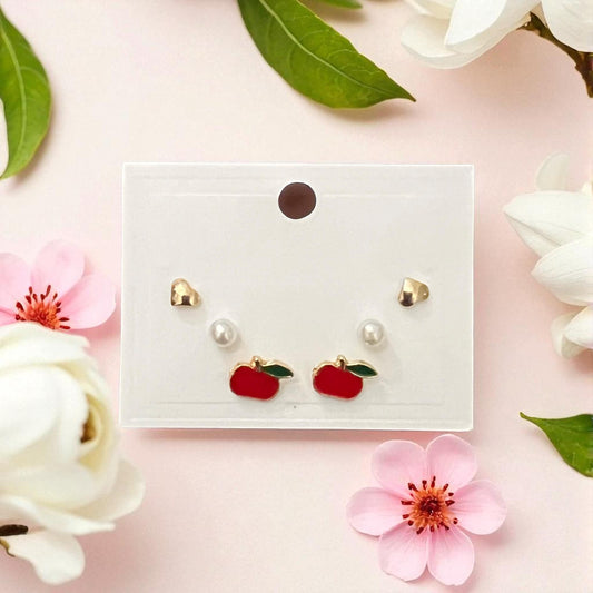 Cute Apple, Heart & Pearl Stud Earrings Set