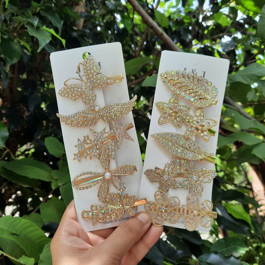 Golden Rhinestone Hair Clips Set of 5 Clips – Butterfly, Flower & Star Designs